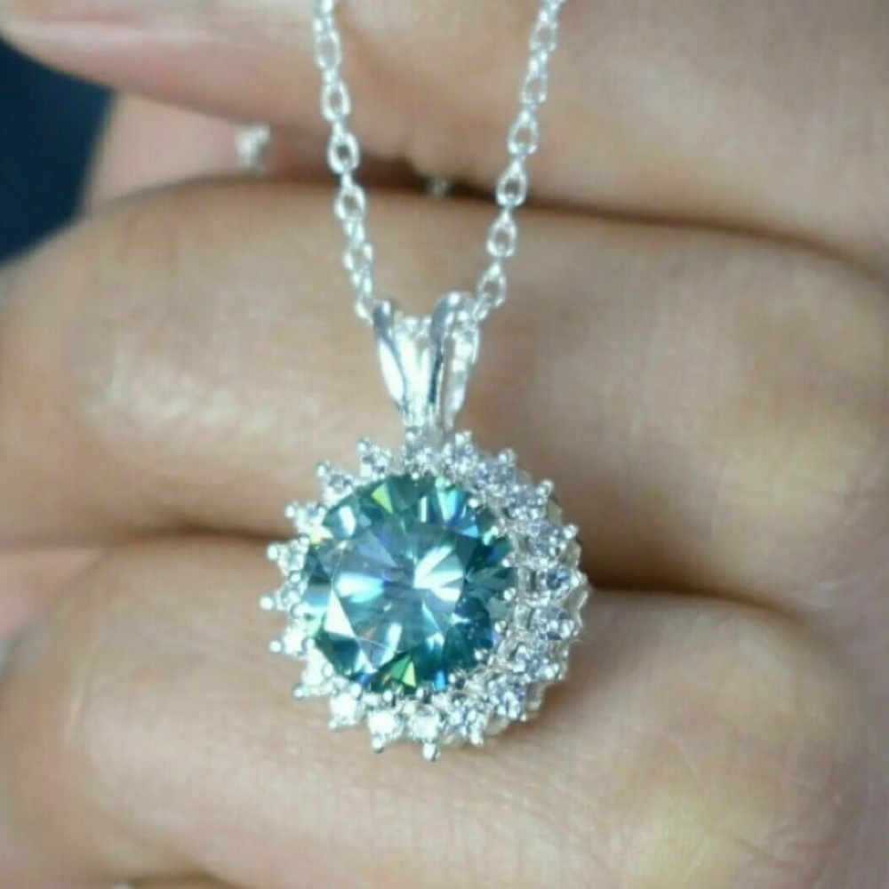 2.12ct Treated Blue Halo Diamond 14K White Gold Micron Plated 925 Necklace